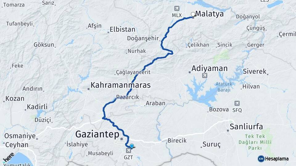 Gaziantep Oğuzeli Malatya Arası Kaç Km - Yol Haritası