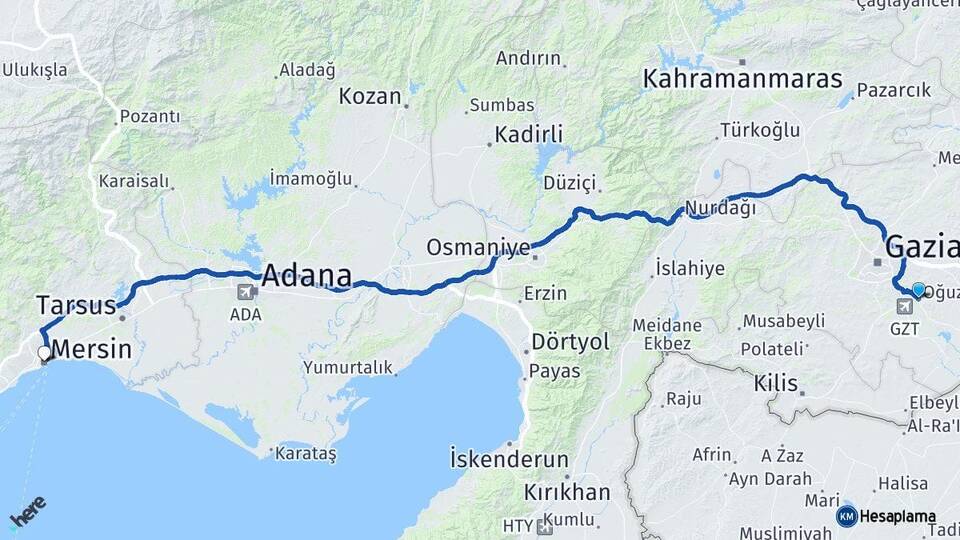 Gaziantep Oğuzeli Mersin Arası Kaç Km - Yol Haritası