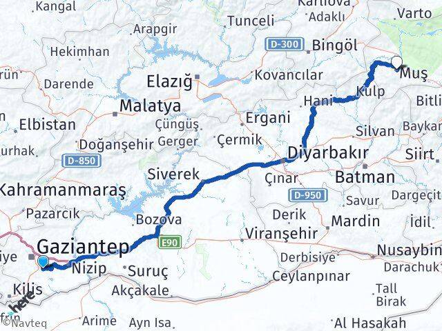 Gaziantep Oğuzeli Muş Arası Kaç Km - Yol Haritası