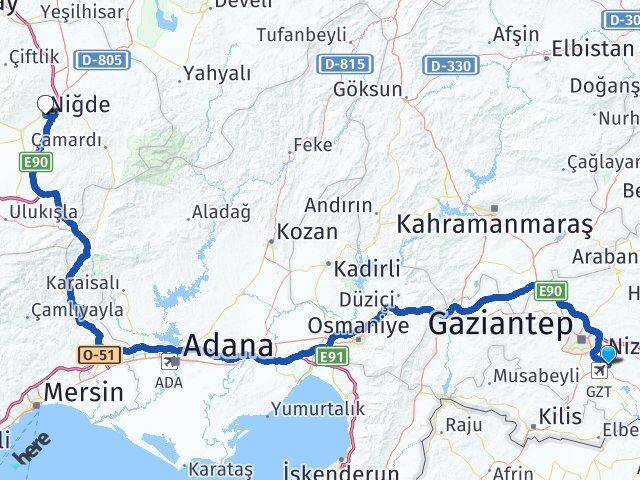 Gaziantep Oğuzeli Niğde Arası Kaç Km - Yol Haritası