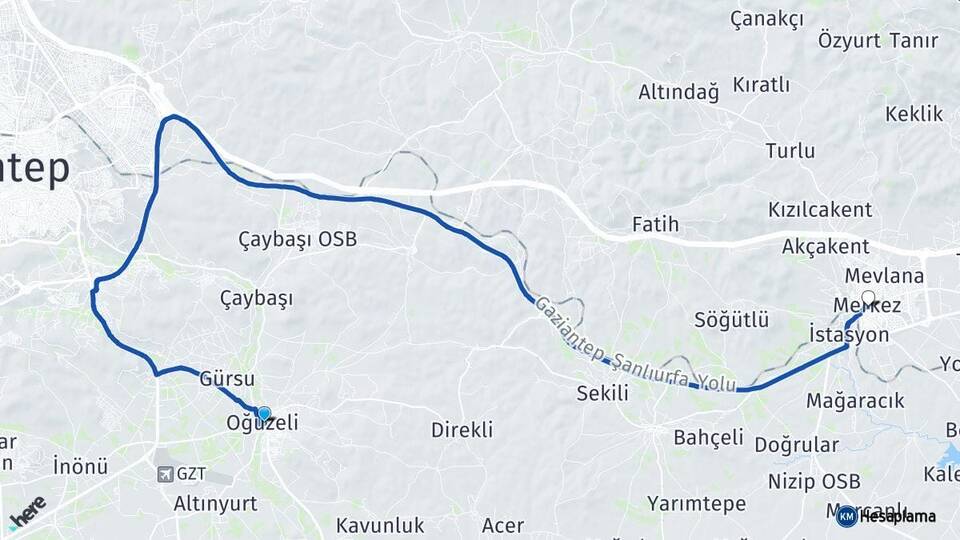 Gaziantep Oğuzeli Nizip Arası Kaç Km - Yol Haritası