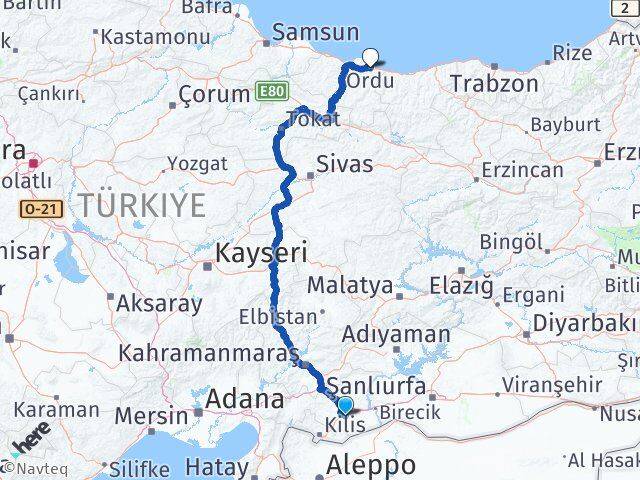 Gaziantep Oğuzeli Ordu Arası Kaç Km - Yol Haritası
