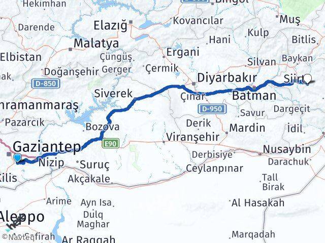 Gaziantep Oğuzeli Siirt Arası Kaç Km - Yol Haritası