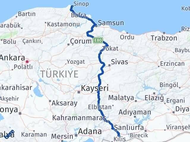 Gaziantep Oğuzeli Sinop Arası Kaç Km - Yol Haritası