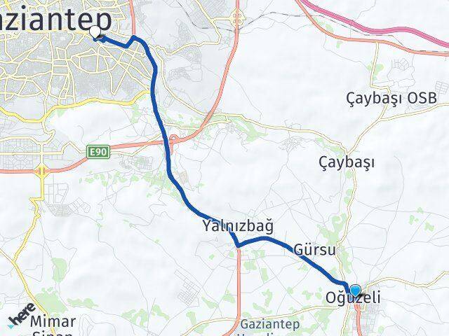 Gaziantep Oğuzeli Ünaldı Şahinbey Arası Kaç Km - Yol Haritası