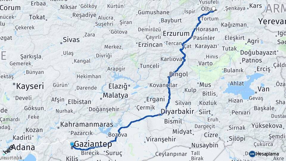 Gaziantep Oltu Erzurum Arası Kaç Km - Yol Haritası