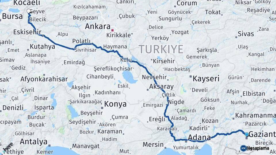 Gaziantep Osmaneli Bilecik Arası Kaç Km - Yol Haritası