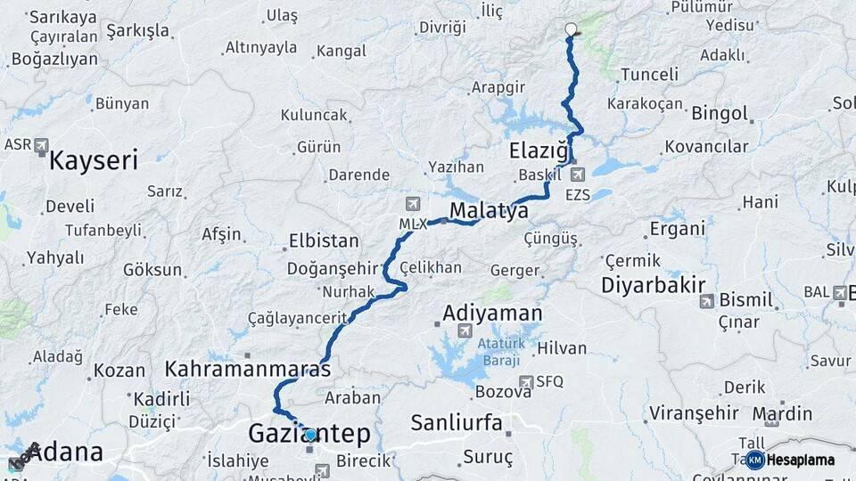 Gaziantep Ovacık Tunceli Arası Kaç Km - Yol Haritası