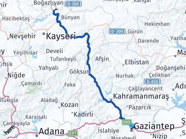 Gaziantep Özvatan Kayseri Arası Kaç Km - Yol Haritası