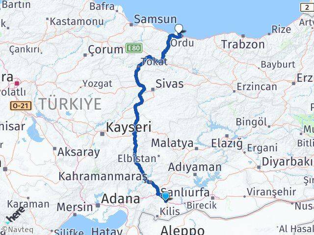 Gaziantep Perşembe Ordu Arası Kaç Km - Yol Haritası