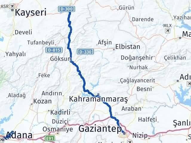 Gaziantep Pınarbaşı Kayseri Arası Kaç Km - Yol Haritası