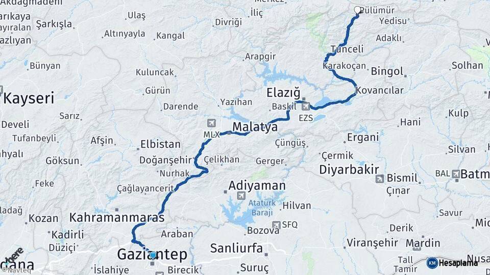 Gaziantep Pülümür Tunceli Arası Kaç Km - Yol Haritası