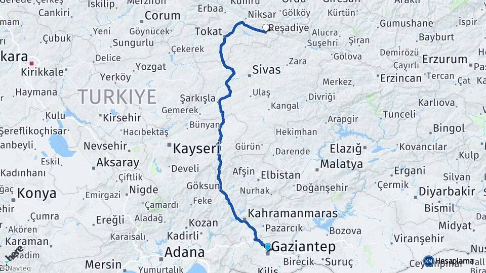 Gaziantep Reşadiye Tokat Arası Kaç Km - Yol Haritası