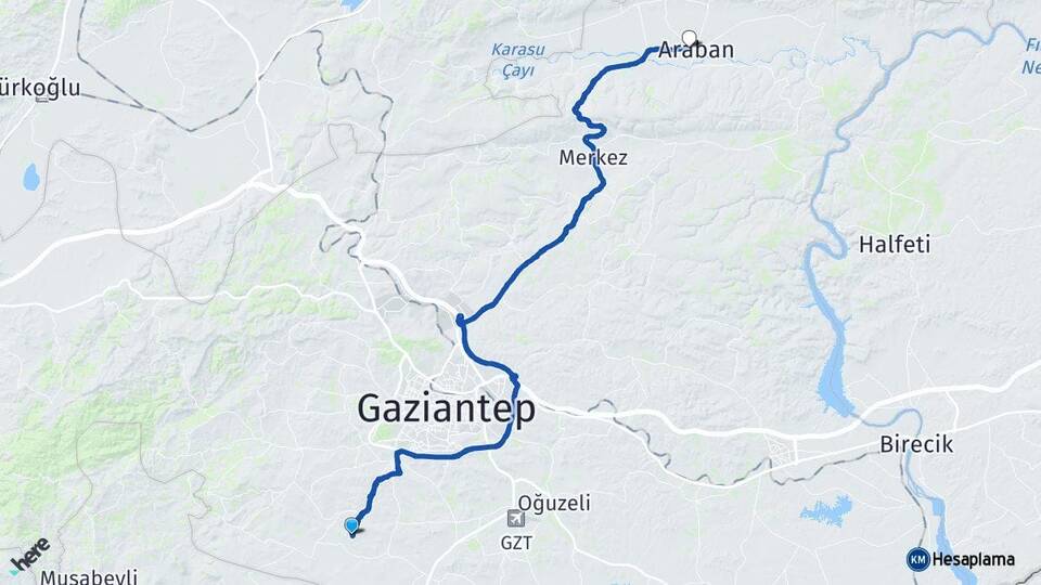 Gaziantep Şahinbey Araban Arası Kaç Km - Yol Haritası