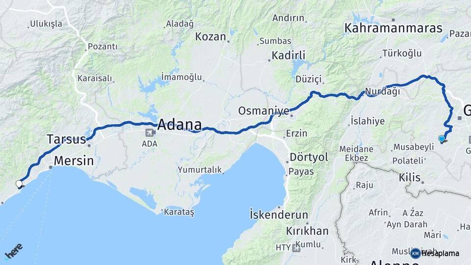 Gaziantep Şahinbey Çeşmeli Erdemli Mersin Arası Kaç Km - Yol Haritası