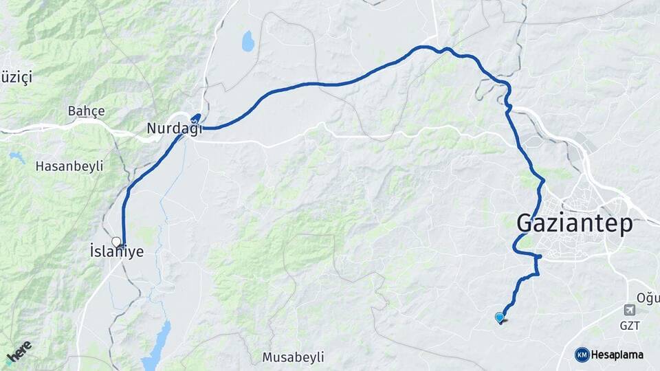 Gaziantep Şahinbey İslahiye Arası Kaç Km - Yol Haritası