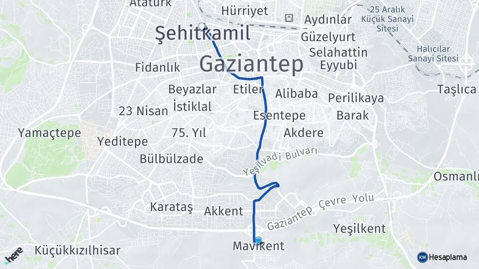 Gaziantep Şahinbey Mavikent Şehitkamil Arası Kaç Km - Yol Haritası
