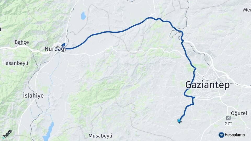 Gaziantep Şahinbey Nurdağı Arası Kaç Km - Yol Haritası