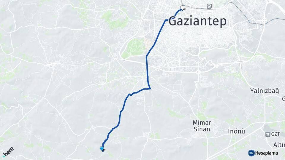 Gaziantep Şahinbey Şehitkamil Arası Kaç Km - Yol Haritası