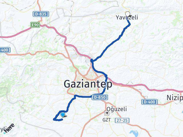 Gaziantep Şahinbey Yavuzeli Arası Kaç Km - Yol Haritası