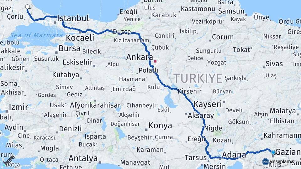 Gaziantep Saray Tekirdağ Arası Kaç Km - Yol Haritası