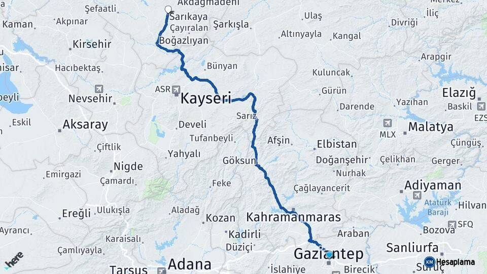 Gaziantep Sarıkaya Yozgat Arası Kaç Km - Yol Haritası