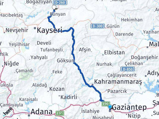 Gaziantep Sarıoğlan Kayseri Arası Kaç Km - Yol Haritası