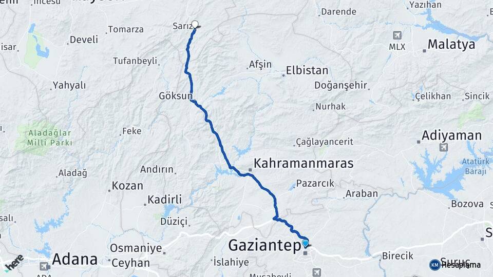 Gaziantep Sarız Kayseri Arası Kaç Km - Yol Haritası