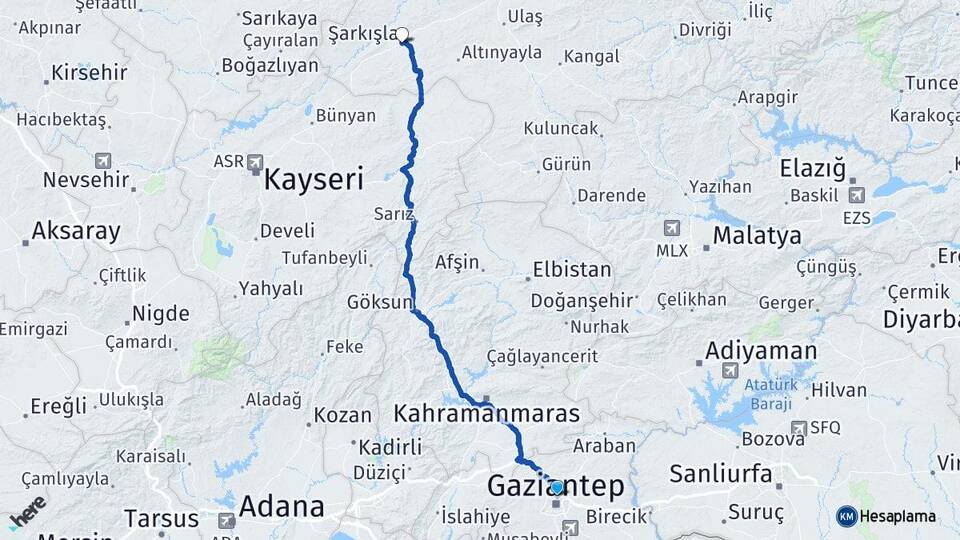 Gaziantep Şarkışla Sivas Arası Kaç Km - Yol Haritası