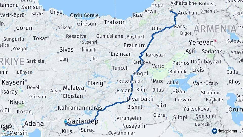 Gaziantep Şavşat Artvin Arası Kaç Km - Yol Haritası