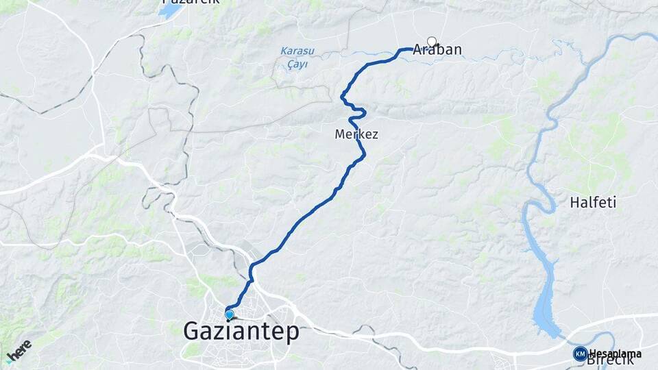 Gaziantep Şehitkamil Araban Arası Kaç Km - Yol Haritası