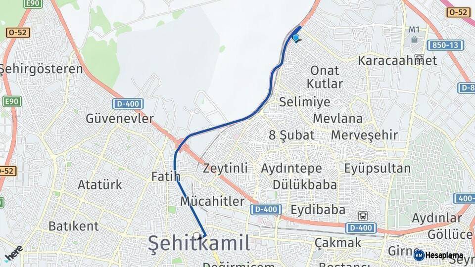 Gaziantep Şehitkamil Arası Kaç Km - Yol Haritası
