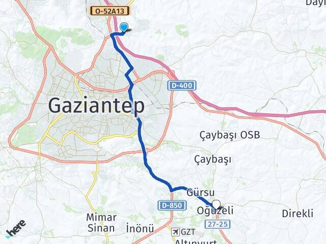 Gaziantep Şehitkamil Beykent Oğuzeli Arası Kaç Km - Yol Haritası