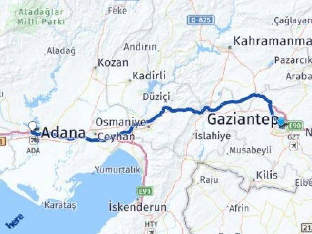 Gaziantep Şehitkamil Çukurova Adana Arası Kaç Km - Yol Haritası