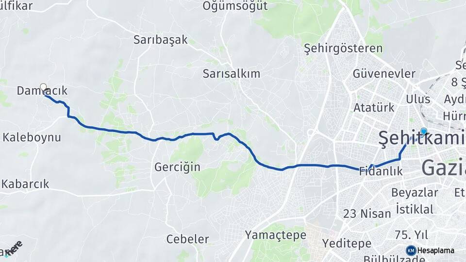 Gaziantep Şehitkamil Damlacık Şahinbey Arası Kaç Km - Yol Haritası