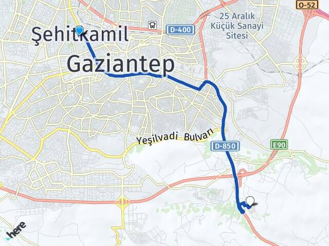 Gaziantep Şehitkamil Hasan Kalyoncu Üniversitesi Arası Kaç Km - Yol Haritası