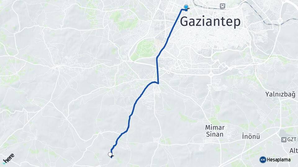 Gaziantep Şehitkamil İbrahimli Şahinbey Arası Kaç Km - Yol Haritası