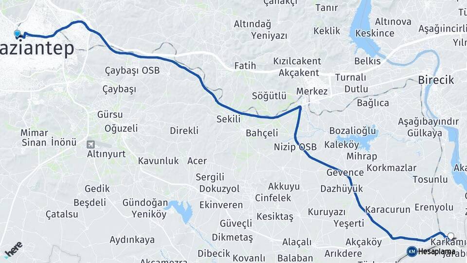 Gaziantep Şehitkamil Karkamış Arası Kaç Km - Yol Haritası