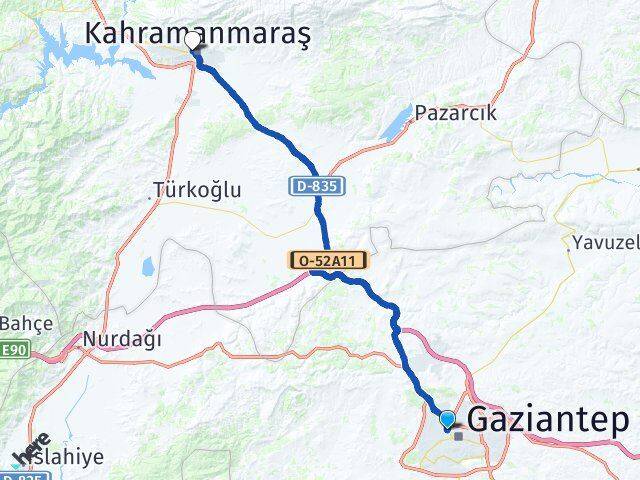 Gaziantep Şehitkamil Onikişubat Kahramanmaraş Arası Kaç Km - Yol Haritası