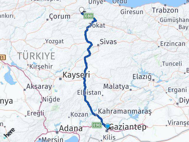 Gaziantep Taşova Amasya Arası Kaç Km - Yol Haritası