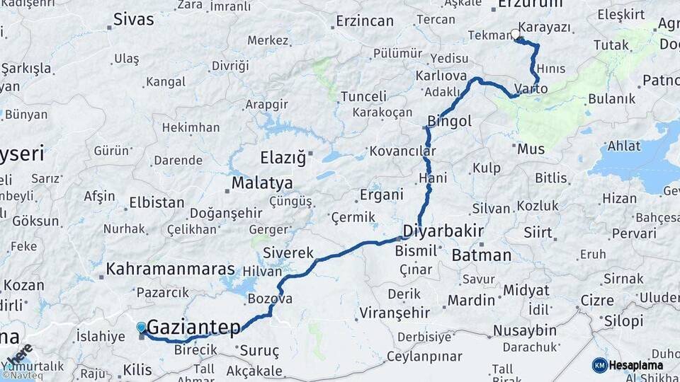 Gaziantep Tekman Erzurum Arası Kaç Km - Yol Haritası