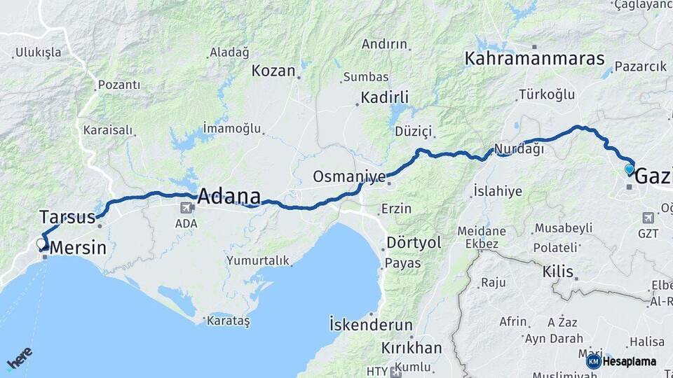 Gaziantep Toroslar Mersin Arası Kaç Km - Yol Haritası