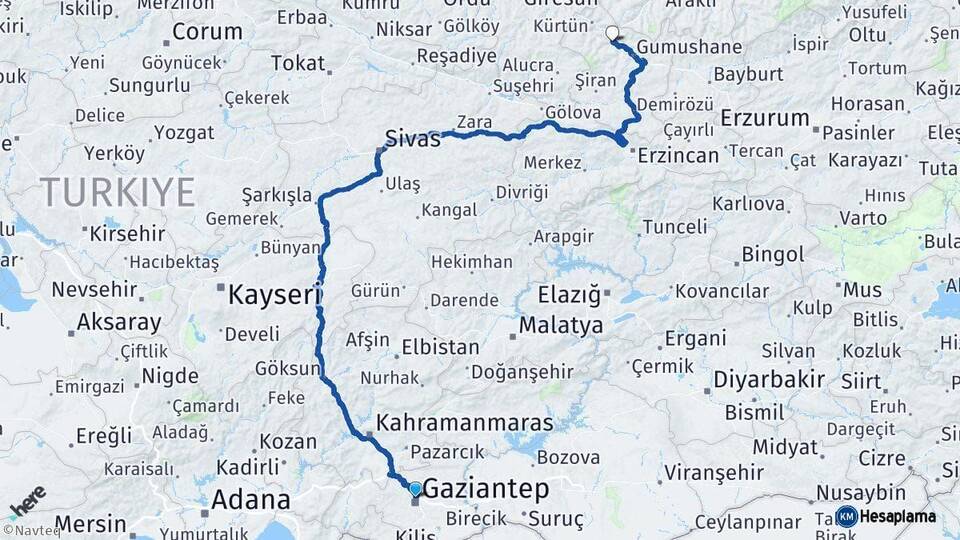 Gaziantep Torul Gümüşhane Arası Kaç Km - Yol Haritası