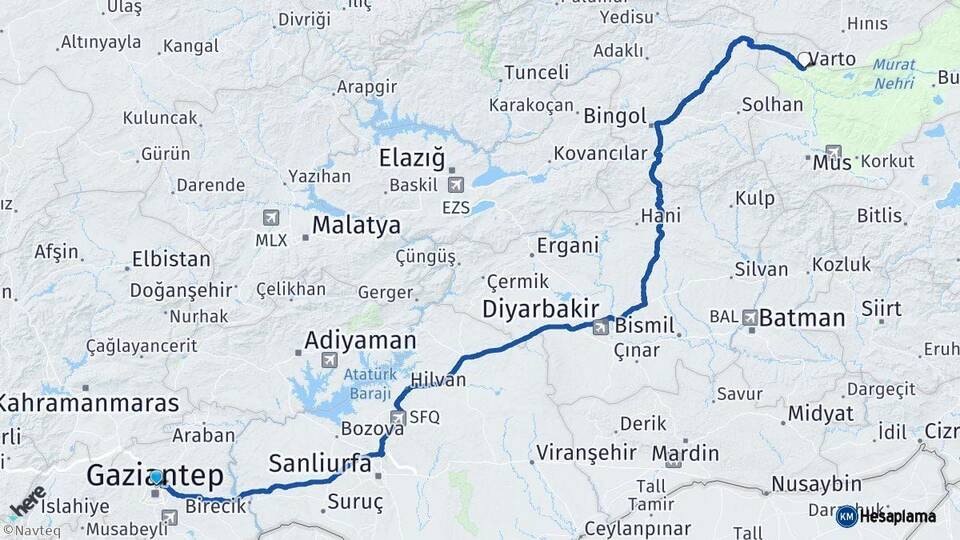 Gaziantep Varto Muş Arası Kaç Km - Yol Haritası