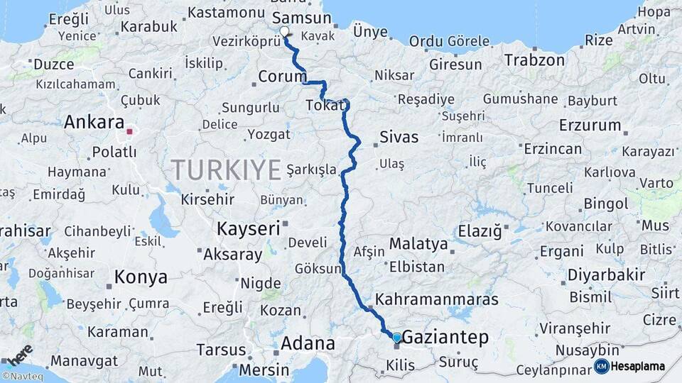 Gaziantep Vezirköprü Samsun Arası Kaç Km - Yol Haritası