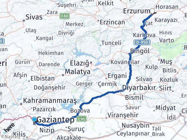 Gaziantep Yakutiye Erzurum Arası Kaç Km - Yol Haritası