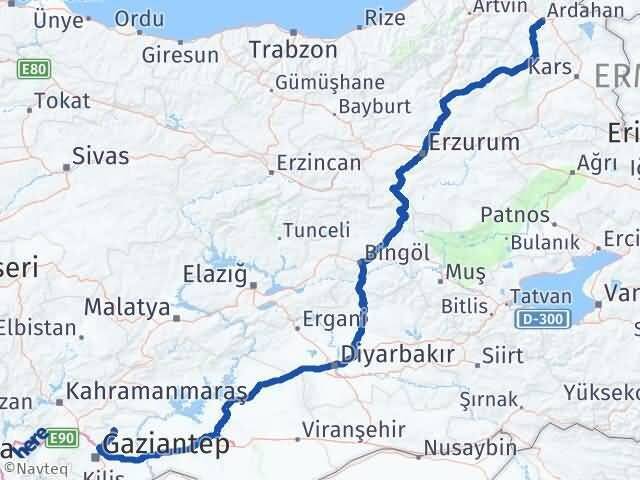 Gaziantep Yavuzeli Ardahan Arası Kaç Km - Yol Haritası
