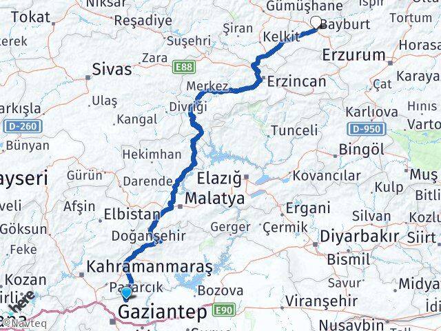 Gaziantep Yavuzeli Bayburt Arası Kaç Km - Yol Haritası