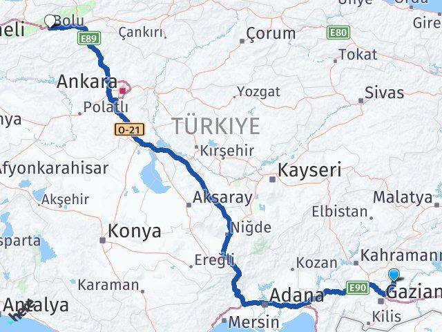 Gaziantep Yavuzeli Bolu Arası Kaç Km - Yol Haritası