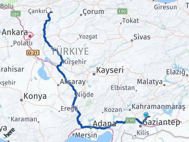 Gaziantep Yavuzeli Çankırı Arası Kaç Km - Yol Haritası